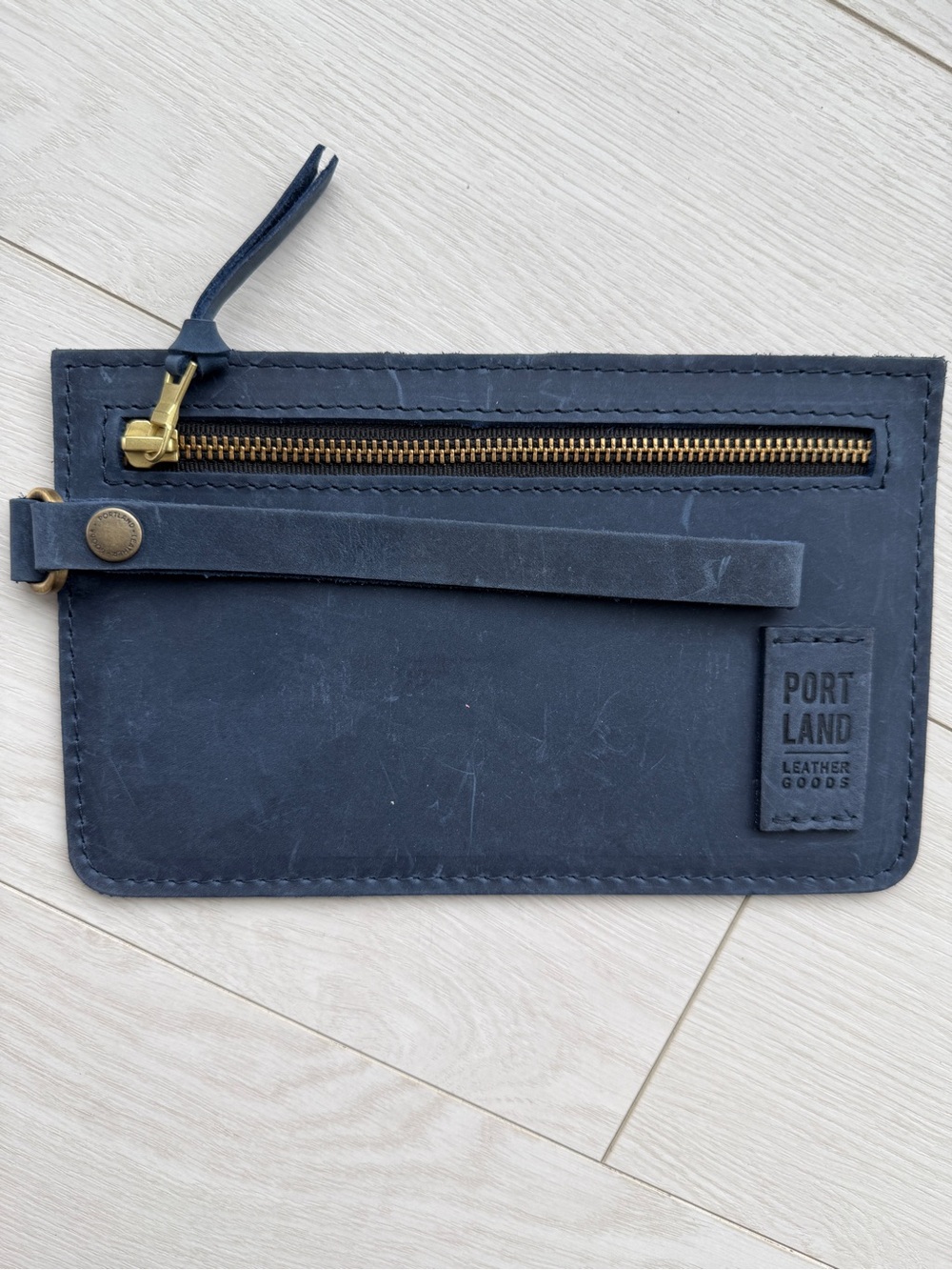 Portland Leather Adriana pouch Dark Blue Leather Wrist Pouch with Brass Zip